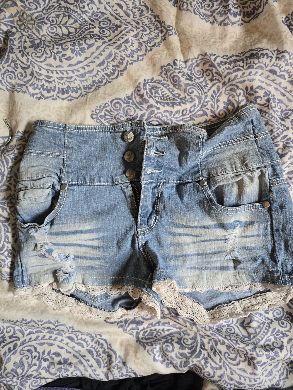 Almost Famous Light Blue Distressed Denim Shorts with Lace Hem